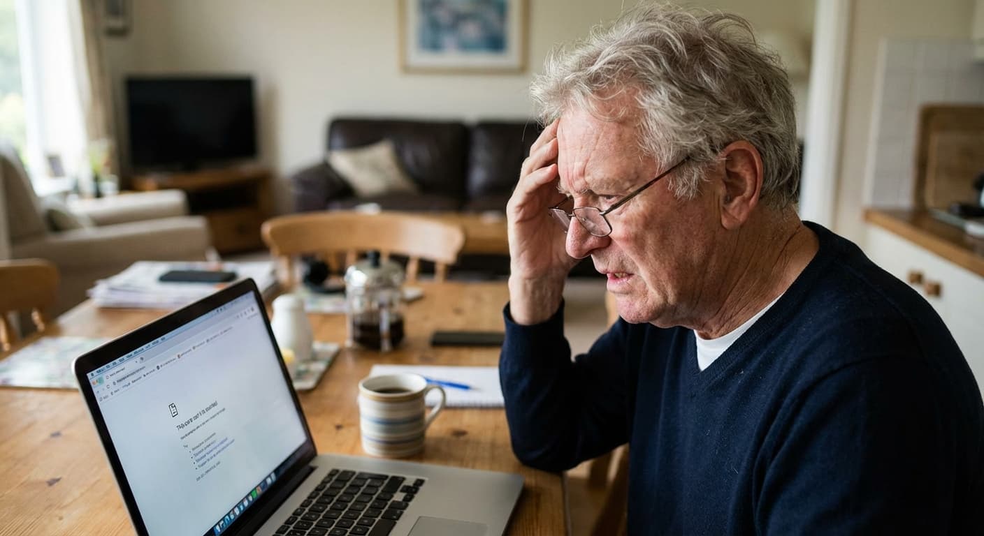 An elderly man sitting at his kitchen table, hand on his forehead in frustration while staring at his laptop screen